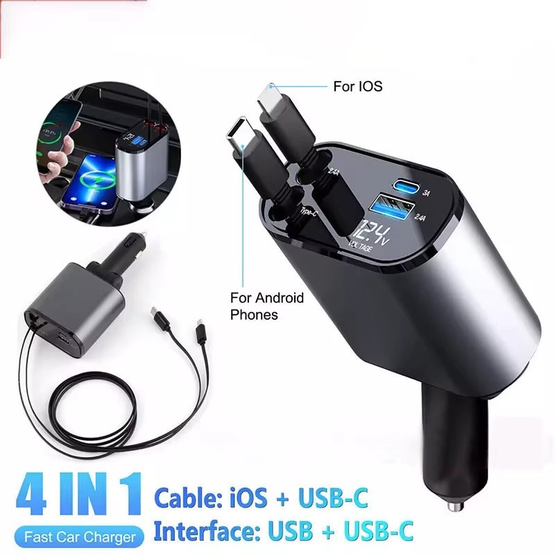 120w Retractable Car Charger 4 in 1 Fast Car Phone Charger With USB Type C Cable For iPhone For Samsung Fast Charge