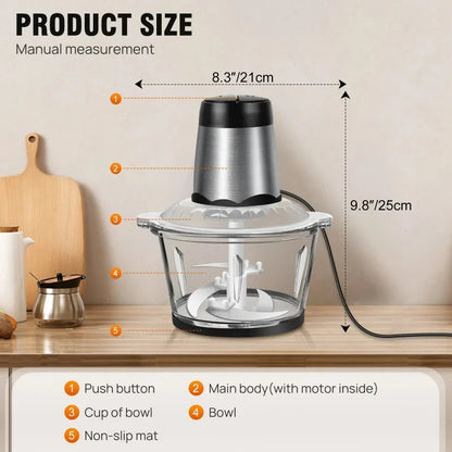 2L Electric Meat Grinder Food Chopper stainless-steel blades Small Food Processor