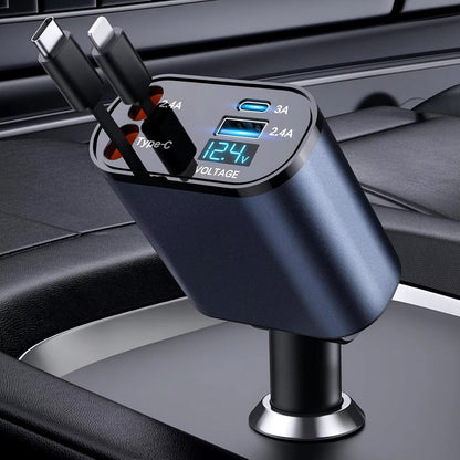 120w Retractable Car Charger 4 in 1 Fast Car Phone Charger With USB Type C Cable For iPhone For Samsung Fast Charge