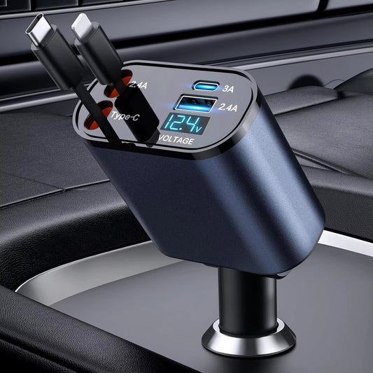 120w Retractable Car Charger 4 in 1 Fast Car Phone Charger With USB Type C Cable For iPhone For Samsung Fast Charge