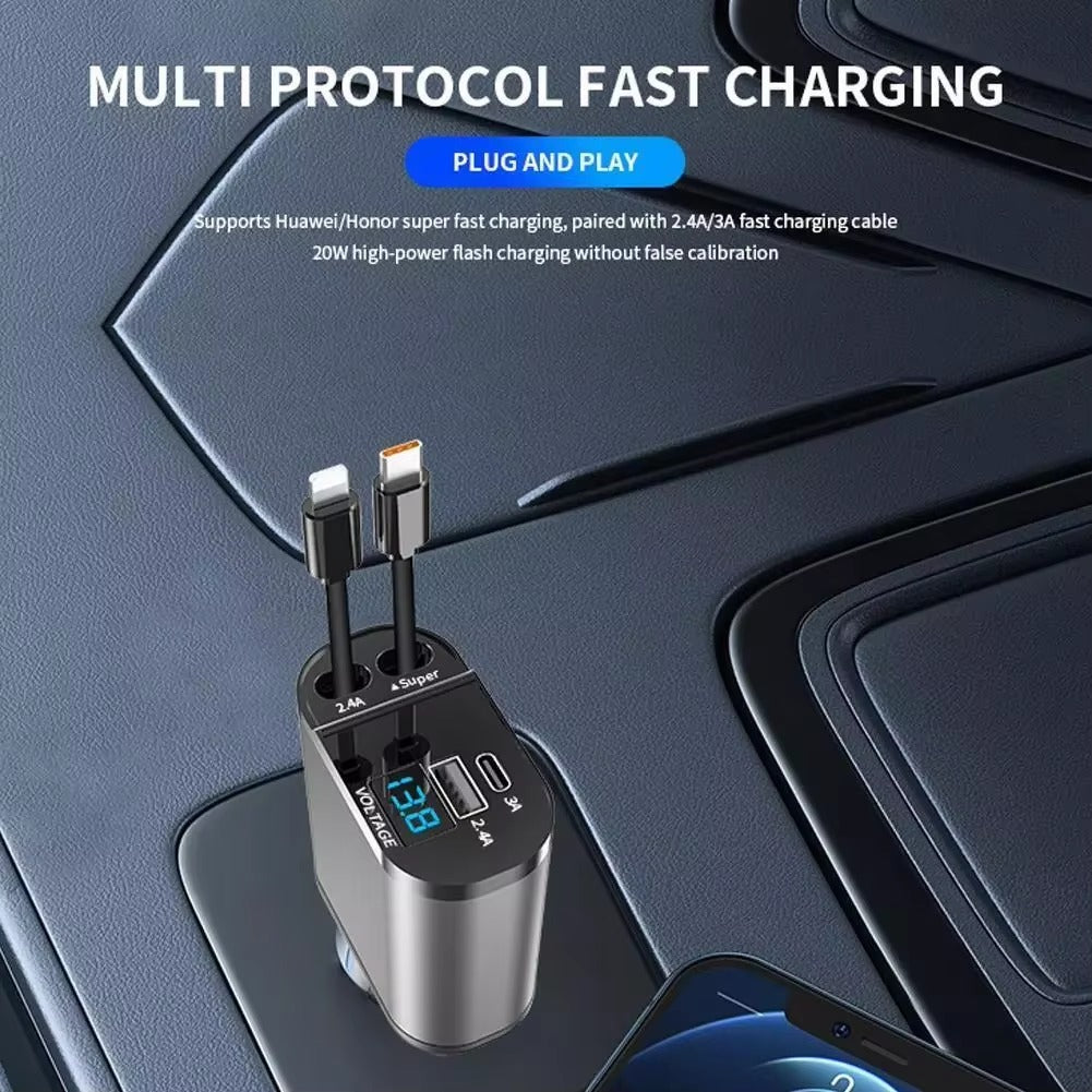 120w Retractable Car Charger 4 in 1 Fast Car Phone Charger With USB Type C Cable For iPhone For Samsung Fast Charge