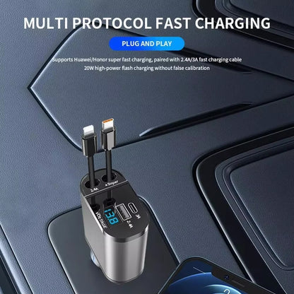 120w Retractable Car Charger 4 in 1 Fast Car Phone Charger With USB Type C Cable For iPhone For Samsung Fast Charge