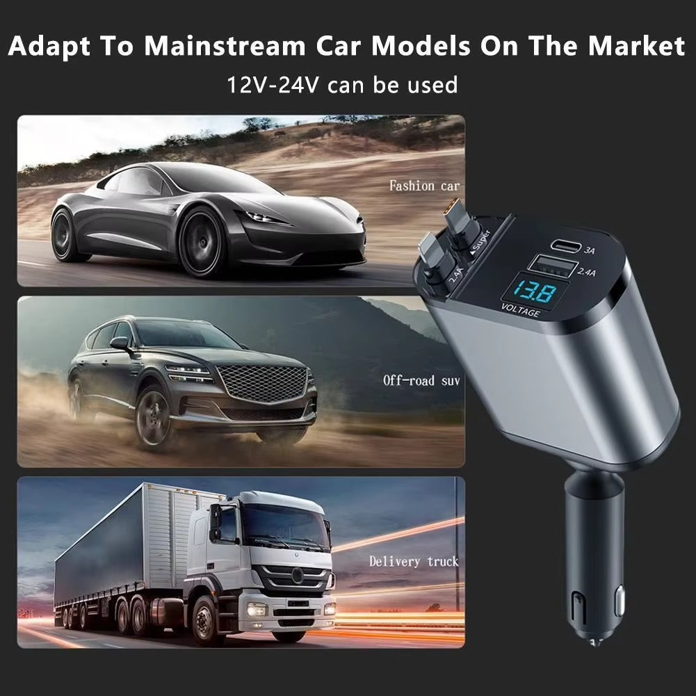 120w Retractable Car Charger 4 in 1 Fast Car Phone Charger With USB Type C Cable For iPhone For Samsung Fast Charge