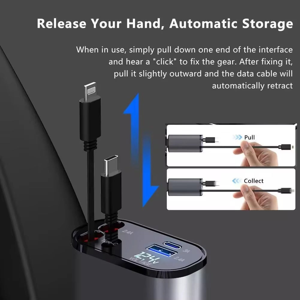 120w Retractable Car Charger 4 in 1 Fast Car Phone Charger With USB Type C Cable For iPhone For Samsung Fast Charge